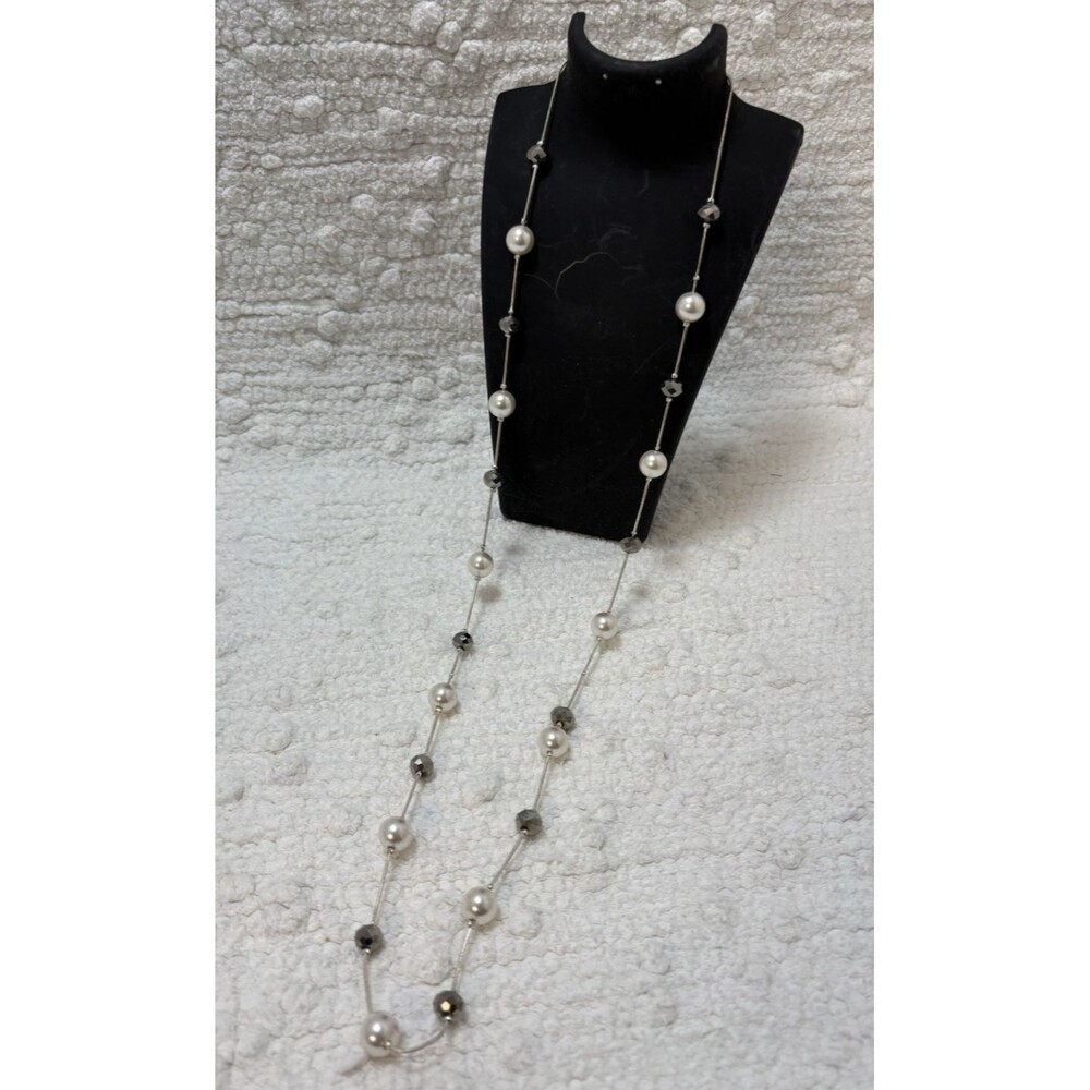 Faux Pearl & Black Crystal-like 36" Necklace Single Strand